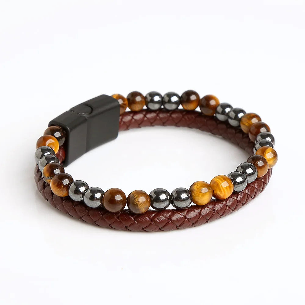Bulk Handmade Natural Stone Beads and Leather Braided Two Layers 21cm Magnetic Clasp Bangles Wrist Bracelet Jewelry for Men
