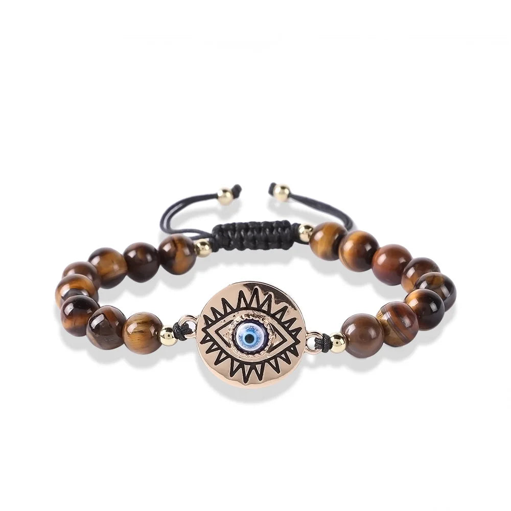 Wholesale Luxury Natural Gemstone Healing tiger Eye Bead D-evil Eye Charm Adjustable Bracelet Jewelry Male Women