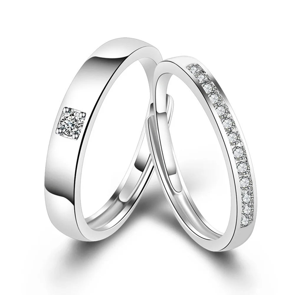 Wholesale Cheap Price Wedding Pair Rings Free Size Silver Color Plated With Zircon Stones Fashionable Couple Rings Set Jewelry