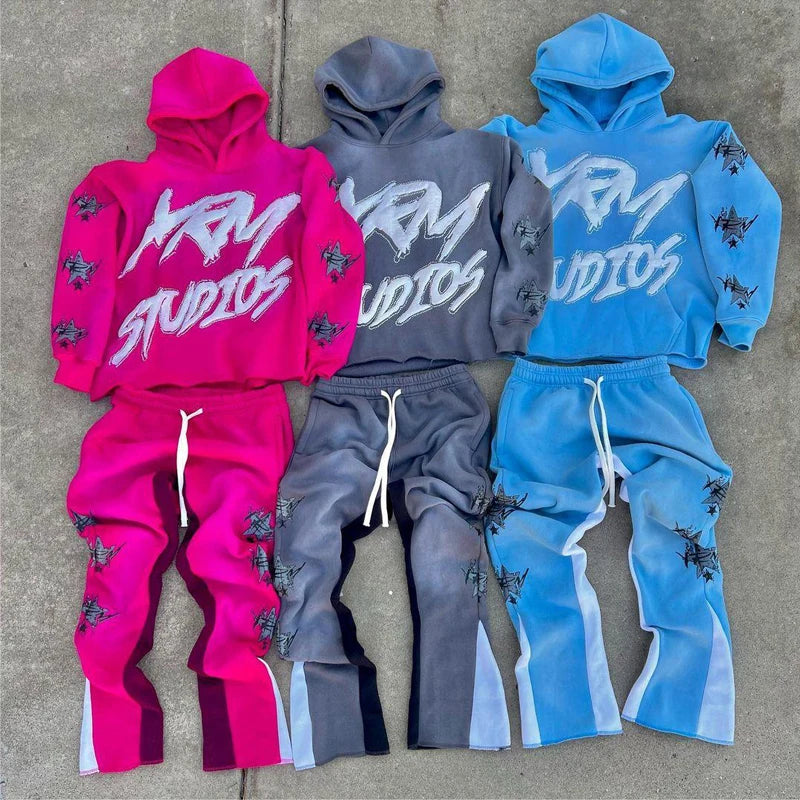 Custom Mens Flared Sweatpants and Hoodie Set Tech Fleece Tracksuit Cropped Puff Printing Hoodie and Stacked Jogger Set Men
