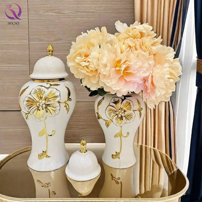 Modern Decorative Ginger Jar With Lid Gold Flower White Ceramic Desktop Vase for Living Room Bedroom Home Decoration