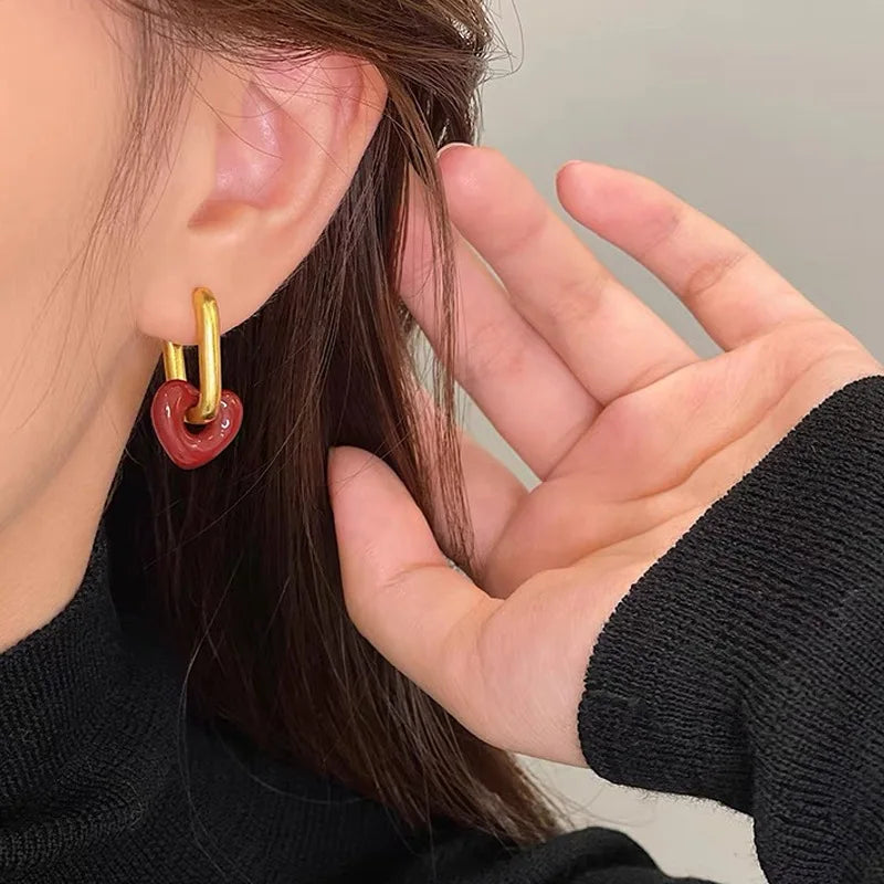 Boutique Unique Fashion Trendy Small Business Support 90s Design Brass Alloy Gold Elegant Red Heart Drop Earring Women Earrings