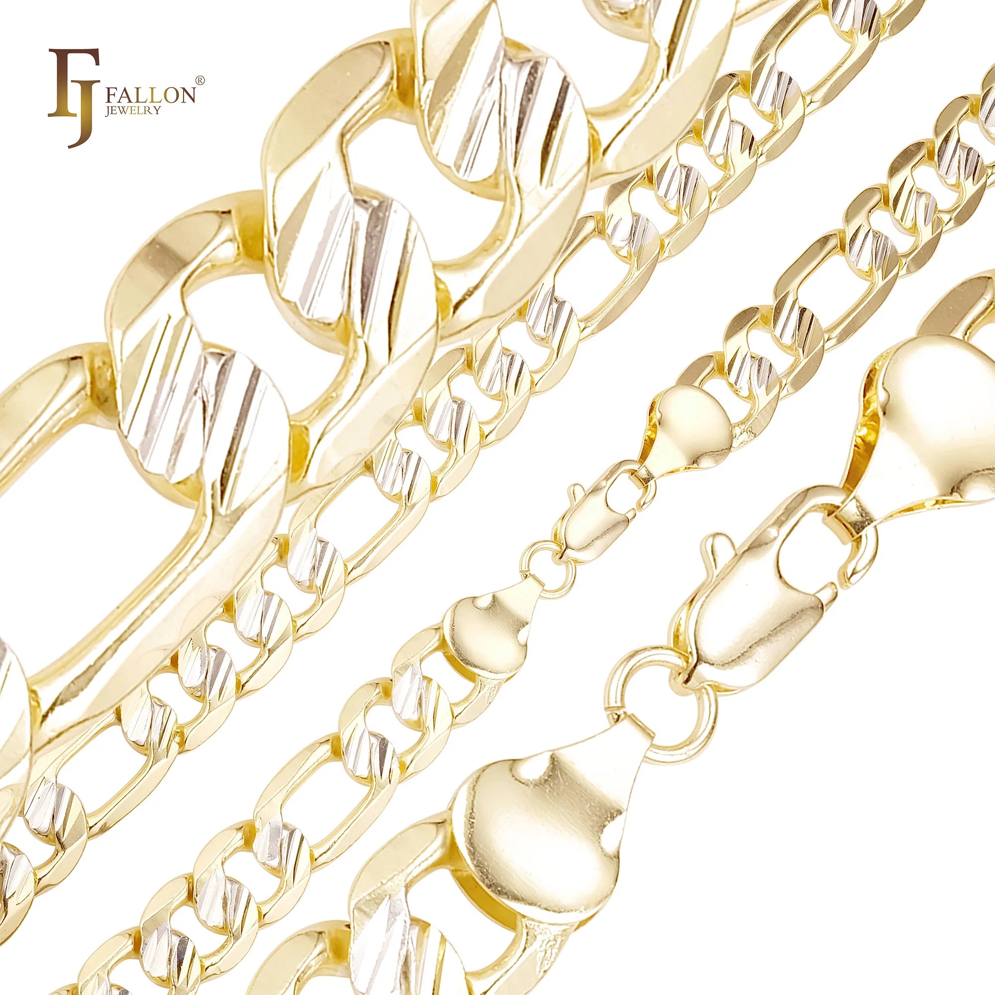 3mm+ FJ Fallon Fashion Jewelry Figaro Link Slashes Hammered Chains Plated in 14K Gold Two Tone Brass Split