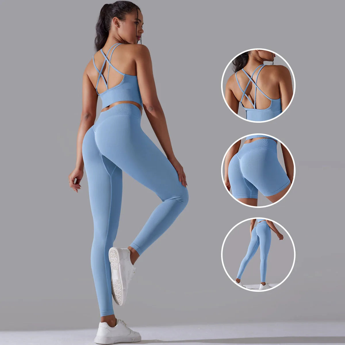Women Active Gym Wear Seamless Fitness Yoga Leggings Cross Back Sports Bra Scrunch Butt Shorts Set 3 Pieces