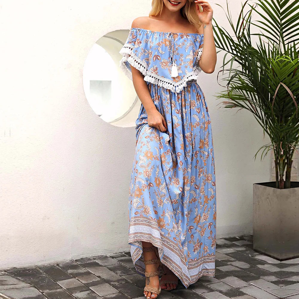 Women's Elegant Casual Floor-Length Off-Shoulder Dress Ruched Decoration Cotton Plus Size ODM Service Sheer Layer Natural Waist