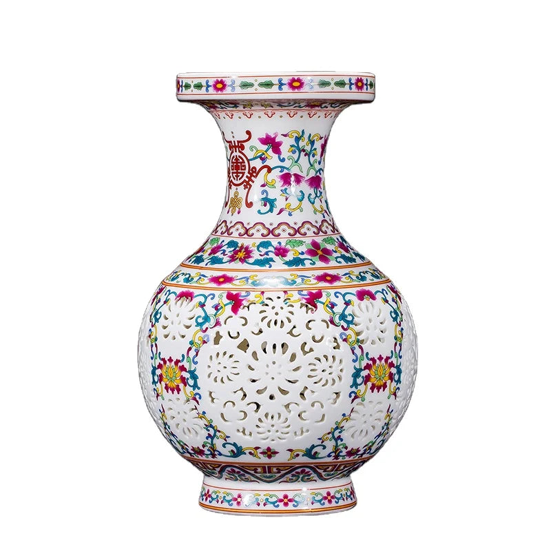 Jingdezhen Unique Luxury Ceramic Objects Modern Porcelain Pierced Flower Stone Vases Chinese Style for Home Decoration