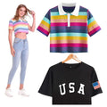 Womens Rainbow Striped Crop Top T Shirts Girl Aesthetic Clothes USA Los Angeles Print Petite Tunics Golf Tee Ladies Tops