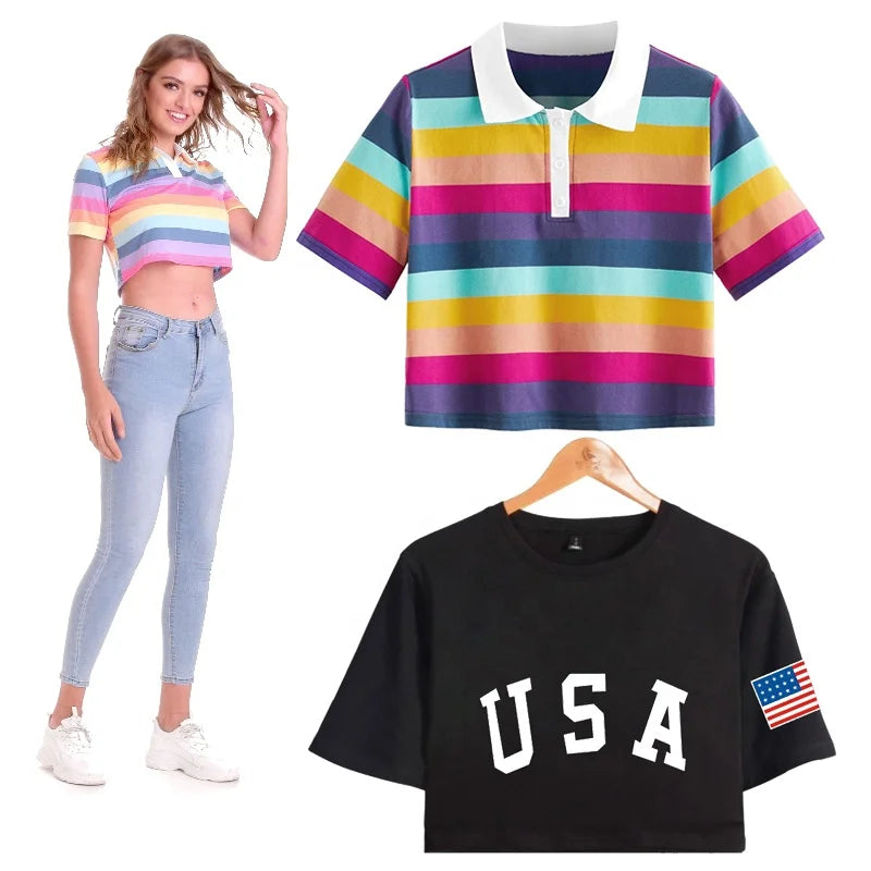 Womens Rainbow Striped Crop Top T Shirts Girl Aesthetic Clothes USA Los Angeles Print Petite Tunics Golf Tee Ladies Tops
