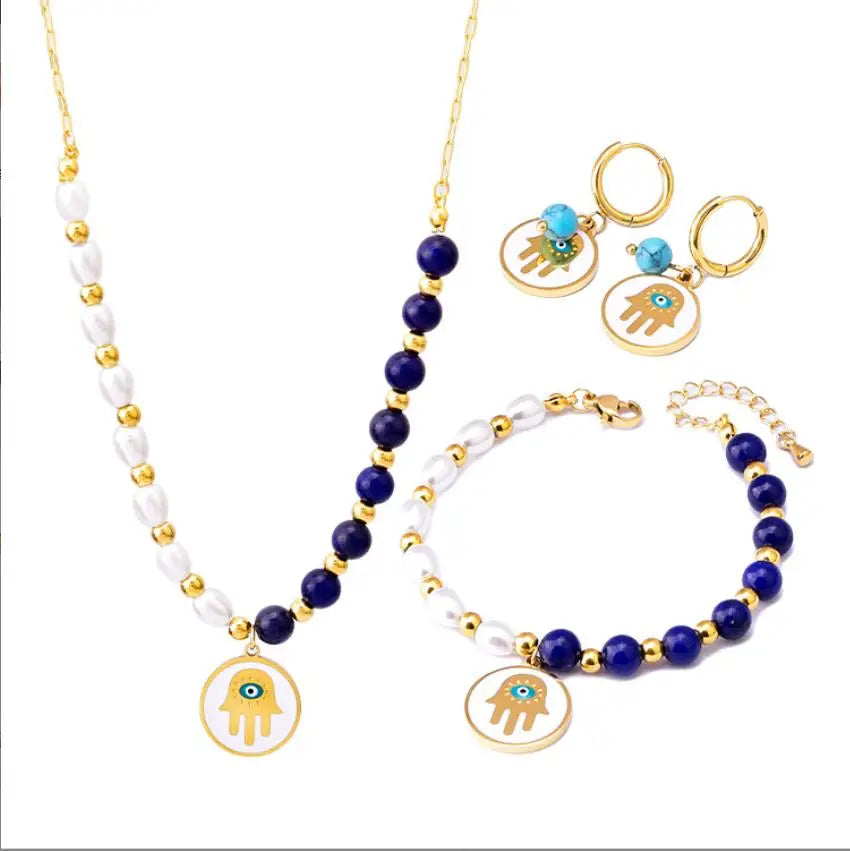 Waterproof Freshwater Pearls Necklace Sets Hand 18k Gold Plated Stainless Steel Jewelry for Women Trend Jewelry Pearl Earrings