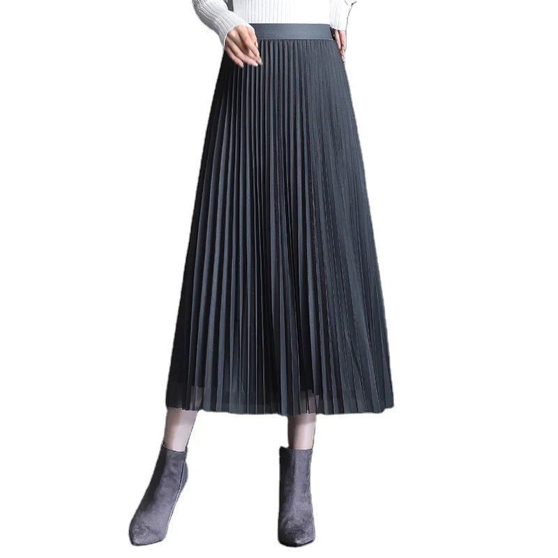 Mesh Skirt Women's Autumn High Waist 2024 New Slim Korean Double-sided Gauze Skirt Large Swing Half-length Skirt 50%