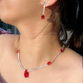 Elegant Water Drop Shape Cubic Zirconia Gold Plated Necklace and Earrings Chili Red Jewelry Set for Ladies Party Wedding Bridal