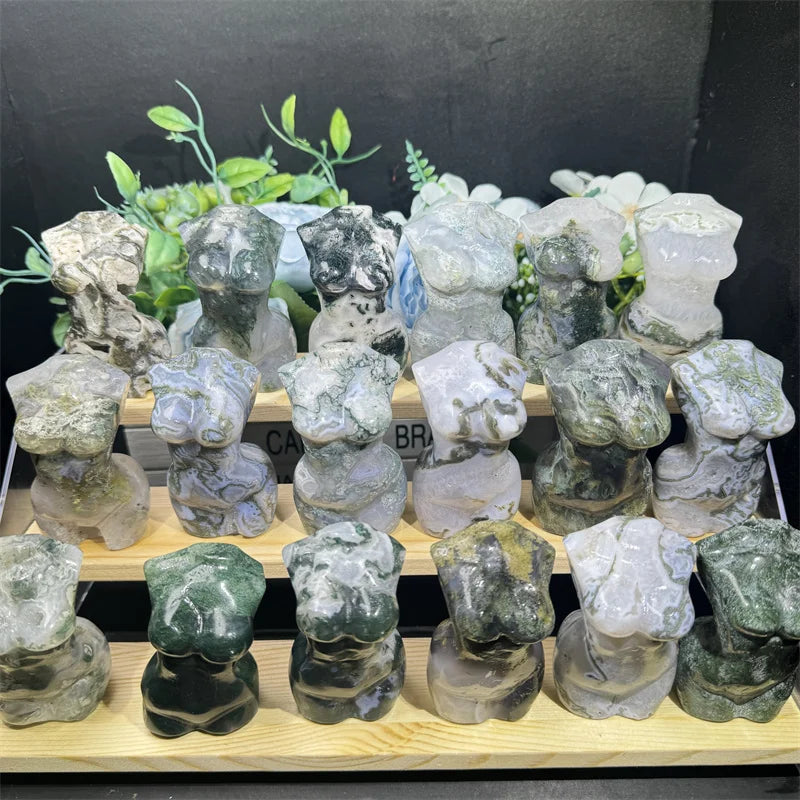 Natural  Fengshui Natural Crystals  Handmade Healing Stone Moss Agate Lady Body  Carving  for Decoration