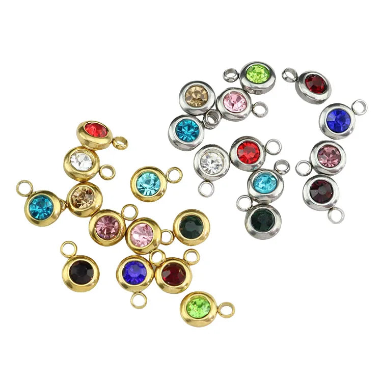 S1180 Mini Small Minimalist Gold Plated Rhinestone Crystal Pave Stainless Steel Birthstone Charms Pendants
