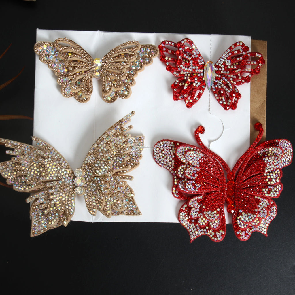 Butterfly Pattern 3D Diamond Cloth Patch Non-Woven Glass Fabric with Rhinestones for Clothing Footwear Headbands