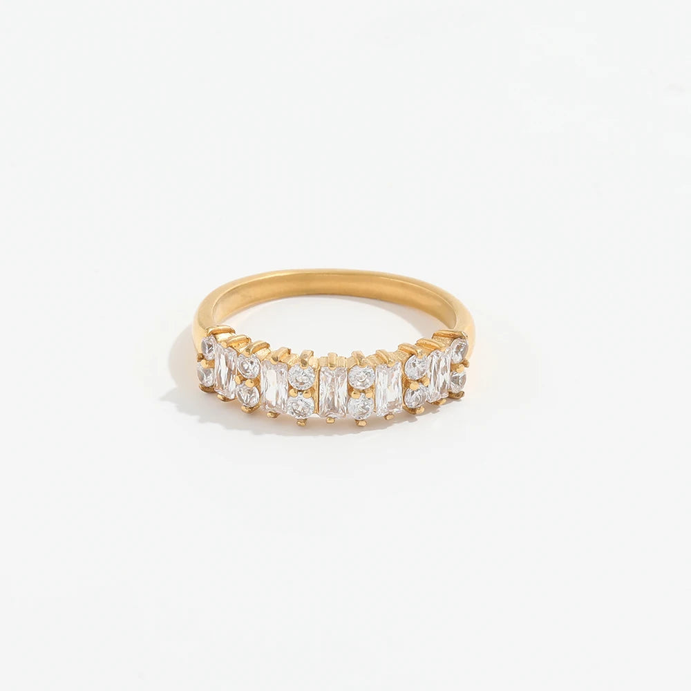 Fenny 18K Gold Plated Wholesale Luxury Half Circle Rectangle Crystal Pave Stainless Steel Finger Ring Trendy for Women