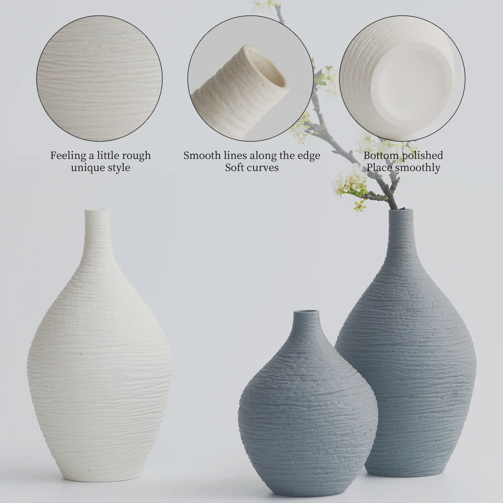 Handmade Striped Retro Art Ceramic Tabletop White Grey Flower Vase Home Decoration Ornaments