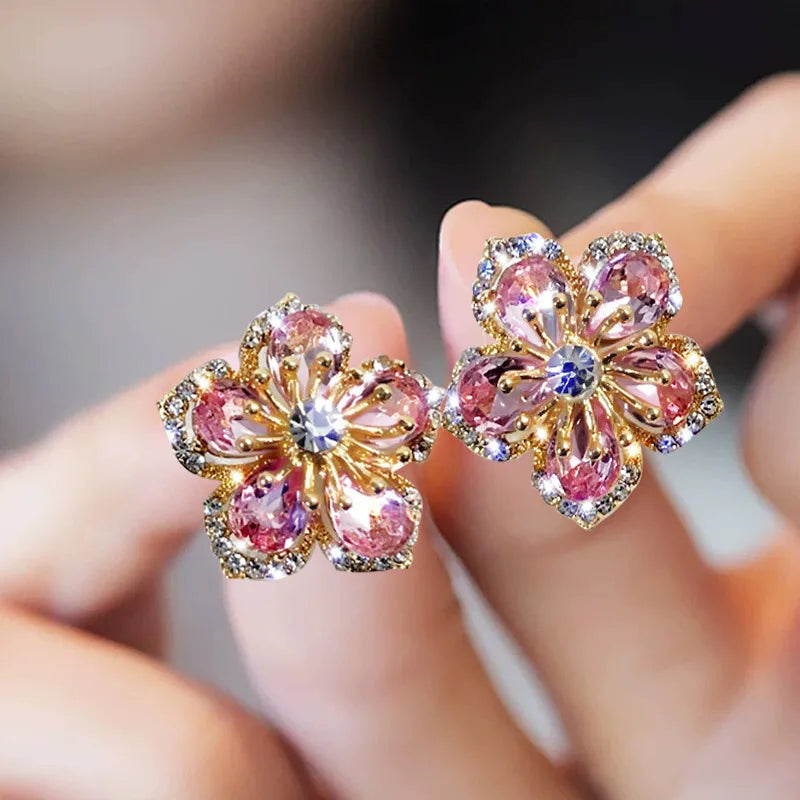Fashion Luxury Sweet Cute Flower Crystal Temperament Shiny Zircon Cubic Zirconia Earrings