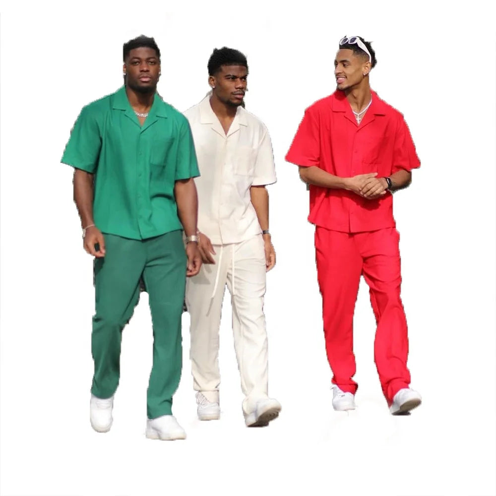 KY Men's Vintage Linen Cotton Shirt with Long Pants Woven Outfit for Summer Casual Style Plain Button Two-Piece Set