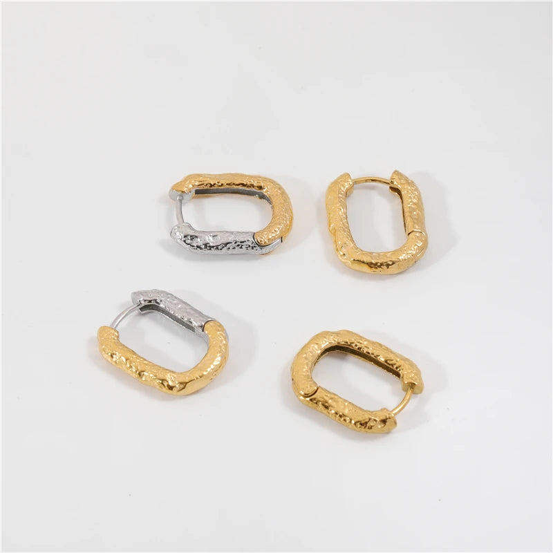 2022 18K Gold Plated Hammered Gold & Silver Mixed Stainless Steel Hoop Earring Non Tarnish Waterproof Jewelry Wholesale