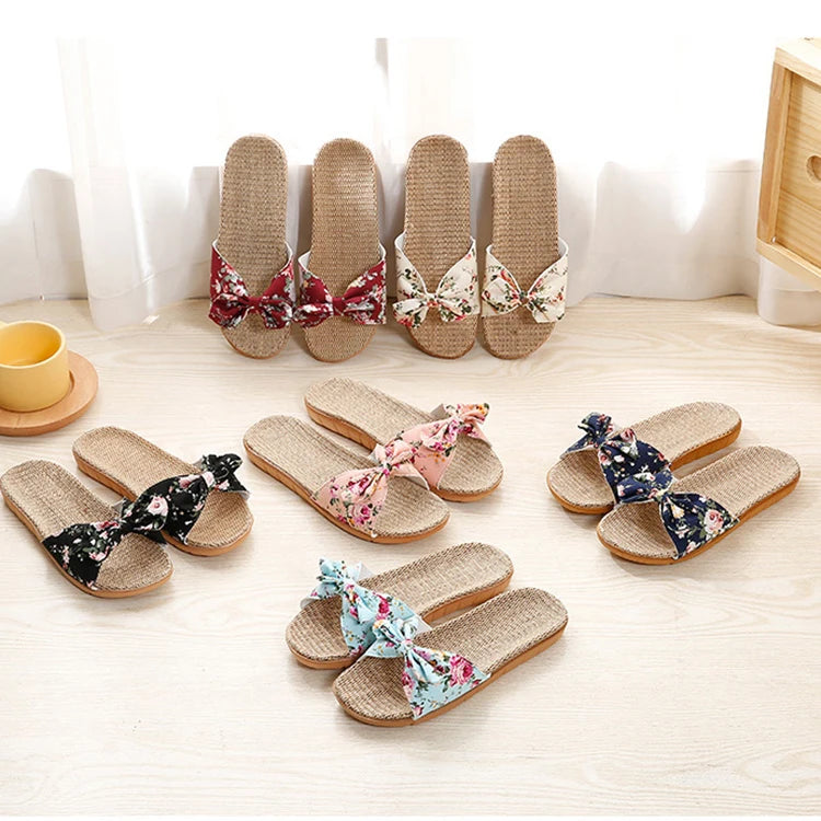 Women Fashion Comfy Cute Bow Flower Indoor Outdoor Striped Cotton Linen Flax Slippers