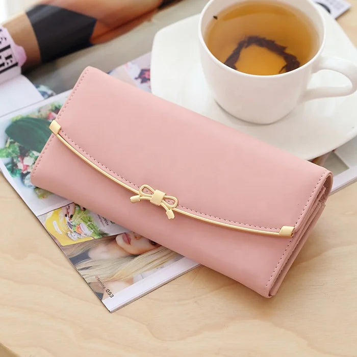Wholesale Fashion Waterproof PU Leather Bow Pattern Long Wallet with Button Closure and Polyester Lining for Women Outdoor Use