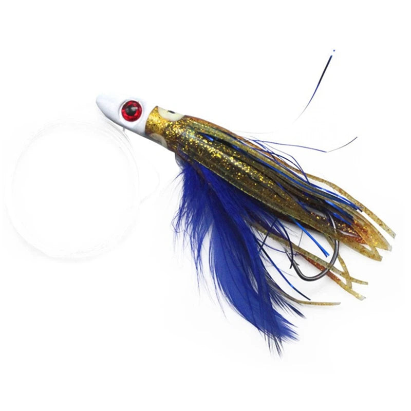 SNEDA 10cm Fishing Lures High Carbon Steel Black Nickel Wide Belly Crank Hook Lead Head Octopus Bait With Blue Feather Tail
