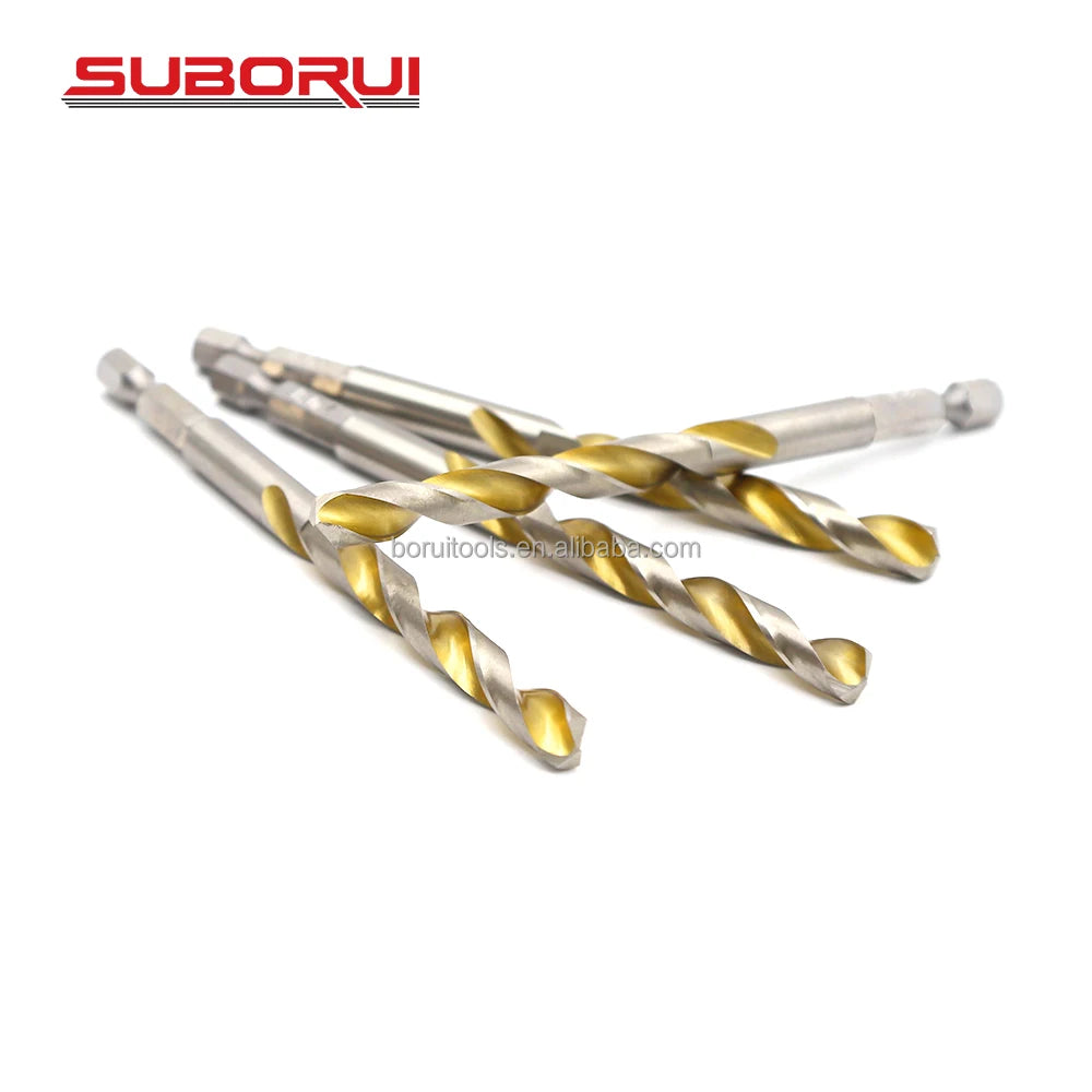 SUBORUI Stock Factory Wholesale HSS 4341 Hex Shank Fully Ground Twist Drill Bits Gold Bright Finish ISO9001 Certified Drilling