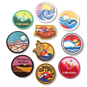 3D Sunset Embroidered Badge Sea Wave Emblem Chest Label Patch for Children's Clothing with Adhesive Back Embroidered Cloth
