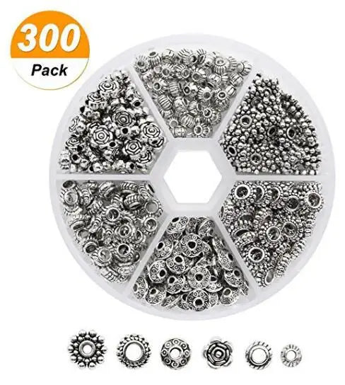 300pcs/Box 6 Style Pack Tibetan Antique Silver Zinc Alloy Diy Spacer Beads Charm Handmade Jewelry Finding Making Kit Accessories