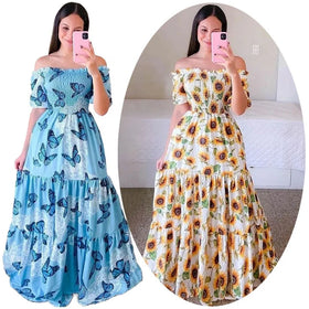 Womens Bohemian Casual Dresses Rainbow Tie Dye Ruffle Dress Off Shoulder Butterfly Print Fashion Clothes Boho Clothing