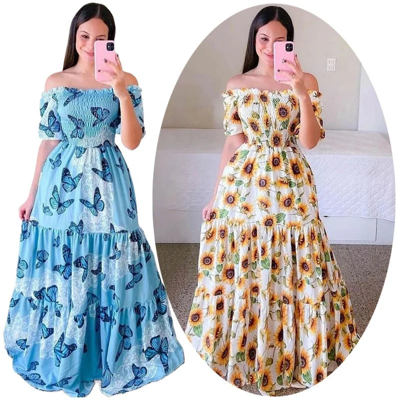 Womens Bohemian Casual Dresses Rainbow Tie Dye Ruffle Dress Off Shoulder Butterfly Print Fashion Clothes Boho Clothing