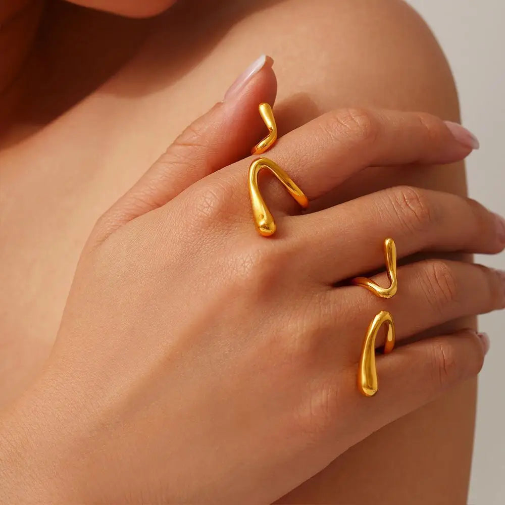 MICCI Fashion Jewelry 18K Gold Plated Stainless Steel Gold Irregular Line Open Rings for Women