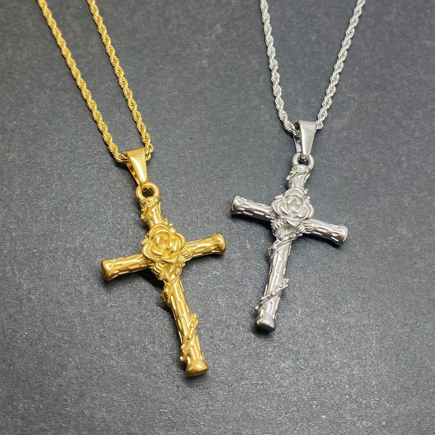 New Arrival 46mm Rose Cross Pendant Stainless Steel Gold Silver Religious Jewelry Crucifix Pendant Necklace for Men