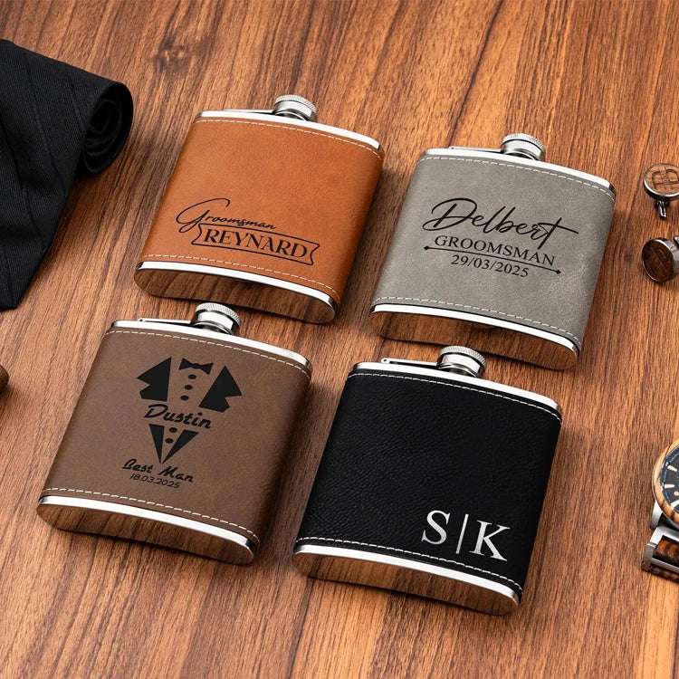 Whiskey Portable Laserable Leatherette Stainless Steel Hip Flask Custom Laser Engraved Pu Leather Cover Hip Flask