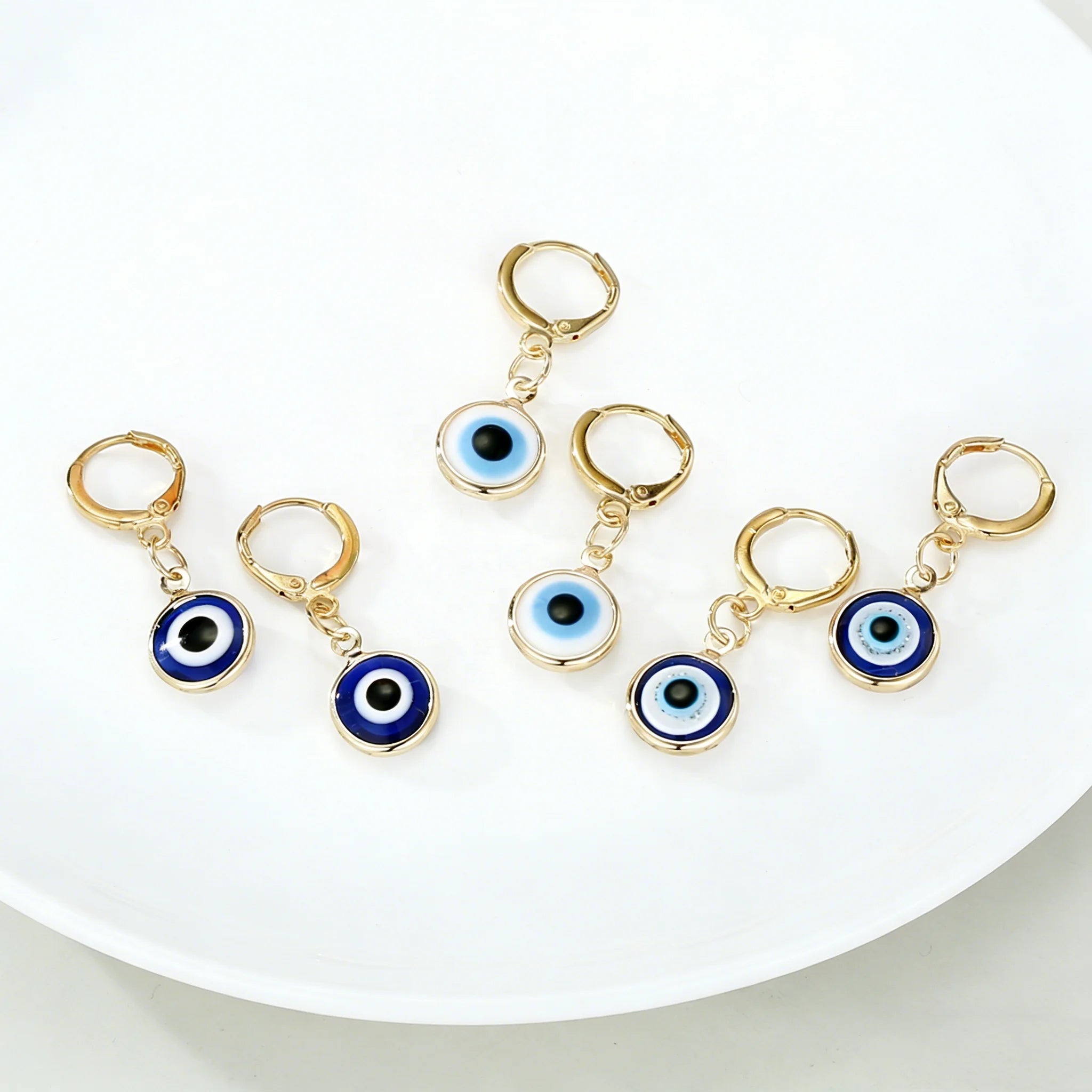 Wholesale Gold Plated Round White Blue Turkish Evil Eye Earring Jewelry for Women