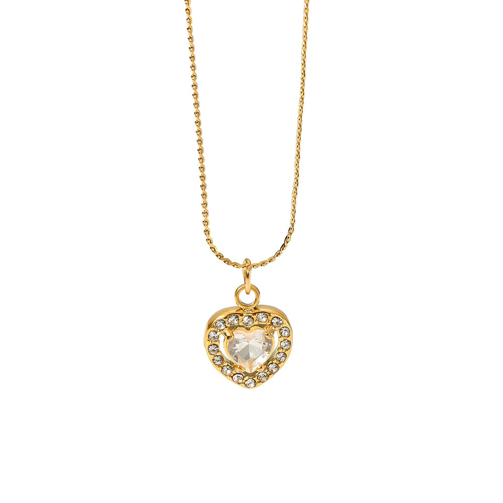 Romantic Stainless Steel 18K Gold Plated White Clear Cubic Zircon Love Heart Pendant Necklace for Women Jewelry Gift