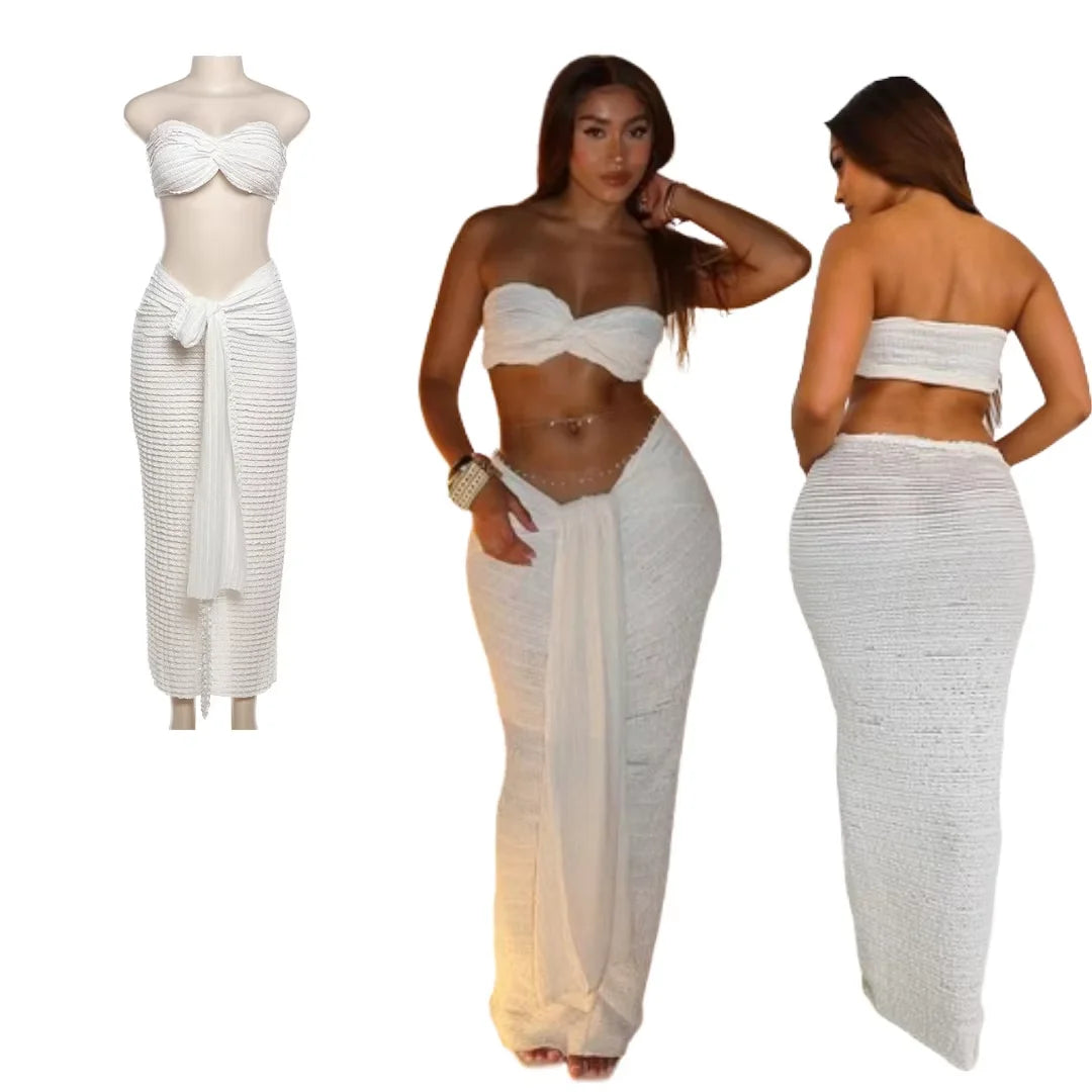 Kliou K23S37039 New Arrivals 2 Piece Set Women Tube Top Maxi Skirt Women's Sets Solid Outfit