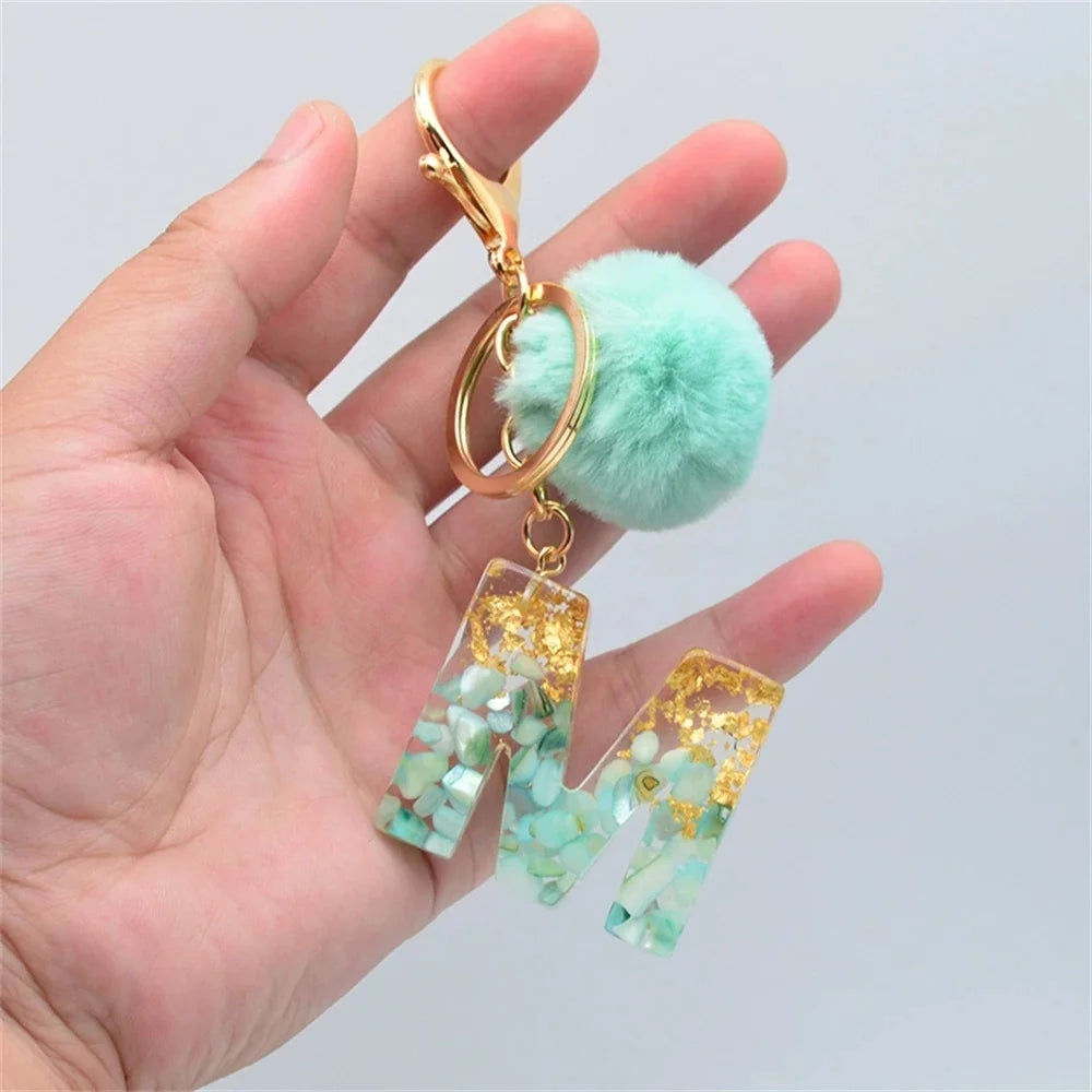 Green Pompom Letter Keychain English Alphabet Keyring Glitter Gradient Resin Car Mirror Accessory Women Handbag Charms