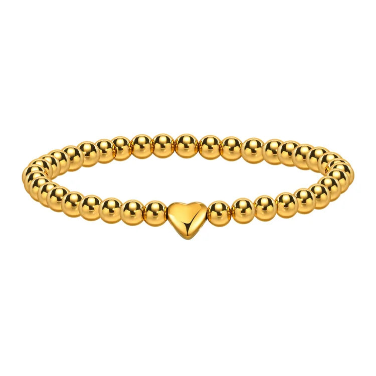 Wholesale Gold Plated Stainless Steel Heart Charm Beaded Chain Bracelets Jewelry for Women