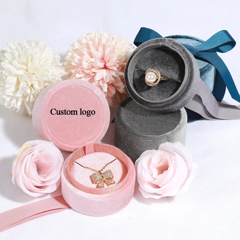 Custom Logo Luxury Jewelry Gift Bracelet Earring Necklace Packaging Romantic Velvet Wedding Ring Box Ribbon Vintage PC Storage