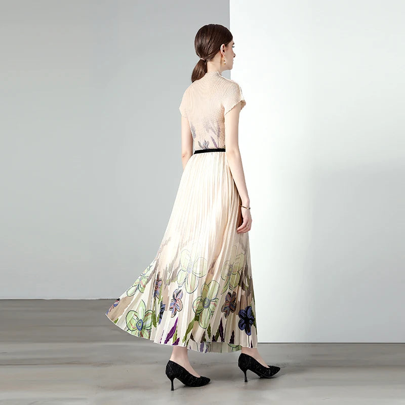 Floral Print Chiffon Woven Bohemian T-Shirt & Pleated Skirt Set Women Two-Piece Natural Waistline Casual Wear Wholesale OEM