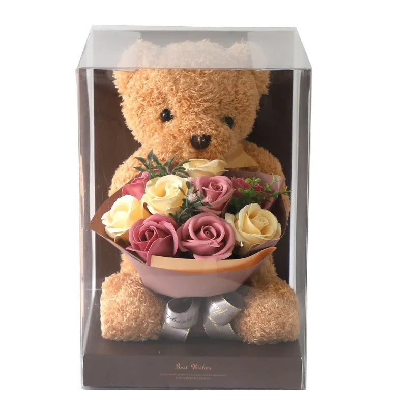 Beautiful Preserved Soap Rose Flower Bouquet Teddy Bear PVC Gift Box Lover's Birthday Valentine's Thanksgiving Chinese New Year
