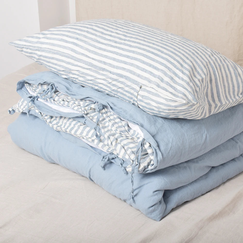 Oekotex Luxury 100 French Line Two Colors Stripes Linen Bedcover Set Stripe Linen Bedding with Pillowcases Tie Closure AU king s
