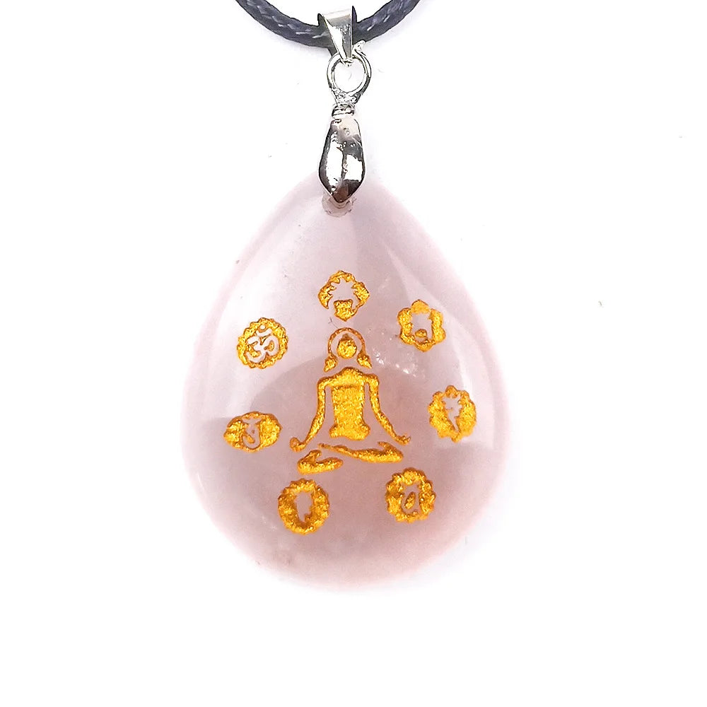 HZ Natural Teardrop Shape Pendants Carved Rose Quartz Yoga Chakra Pendant Necklace Natural Crystal Reiki Chakra Chakra Crystal Set Gems