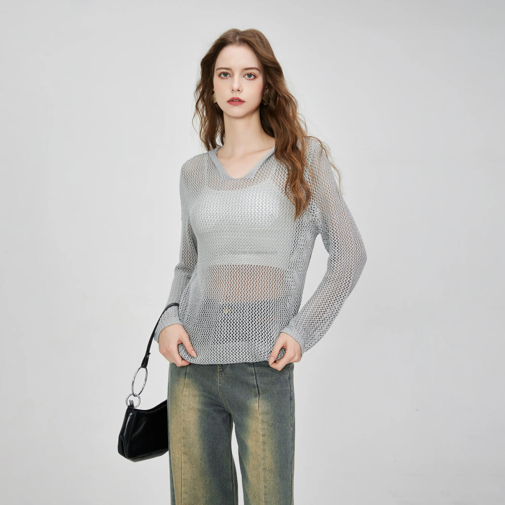 2025 Women's Casual Crochet Lightweight Hooded Long Sleeve Pullover Cordless Hollow Mesh Knitted Top