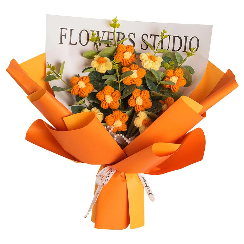 Wholesale Small Home Office Decor Gift for Girlfriend Artificial Floral Handmade Knitted Flowers Crochet Flower Bouquet