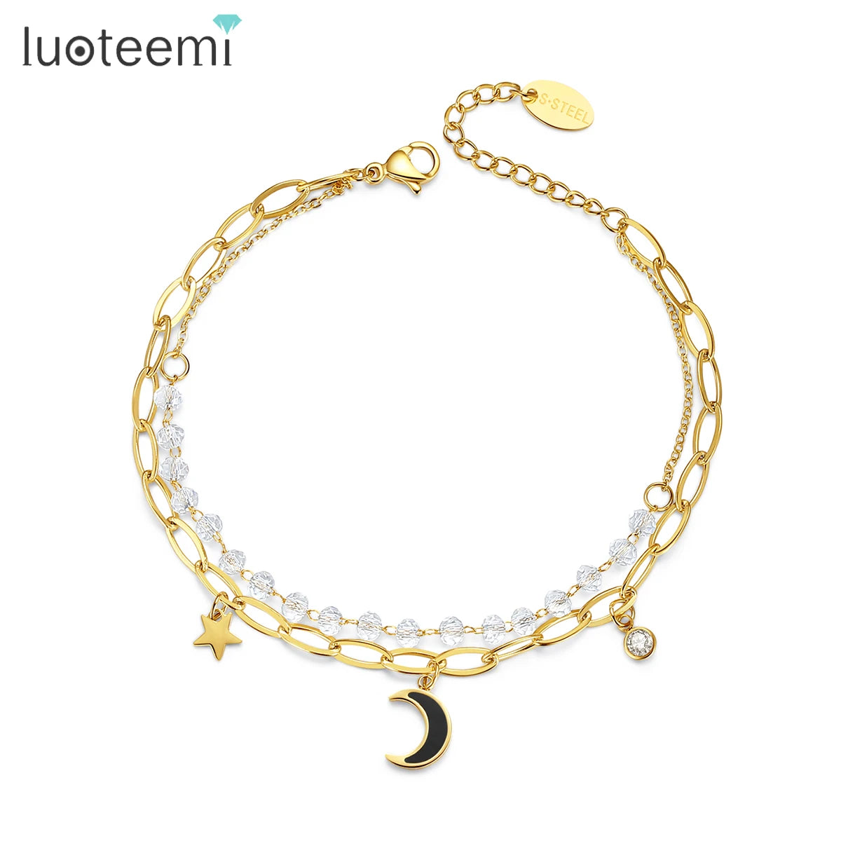 SP-LAM Crystal Bead Adjustable Star&Moon Stainless Steel Luxury Woman Star Moon Chain Double Layer Bracelet