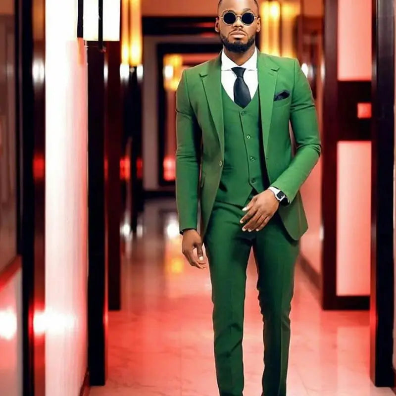 Green Mens Wedding Tuxedos Slim 3 Pieces Groomsmen Groom Coat Suits Plus Size Prom Party Blazer Jacket (Jacket+Vest+Pants)