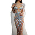 Elegant Silver Glitter Sequin Birthday Wedding Long Dress With Cloak Women Singer Prom Dinner Gown Evening Banquet Party Dress