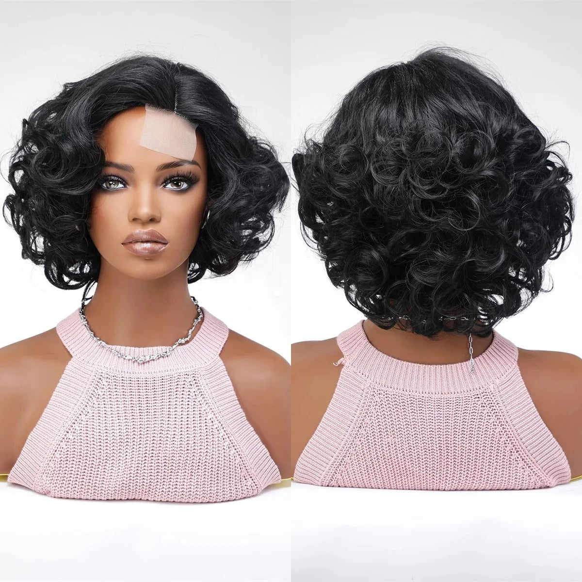 Front Lace Hairline Little Lace Front Black Short Natural Wavy Synthetic Wig No Bangs for Women Heat Resistant Fiber Wigs